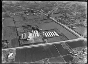 View of Mason & Porter Ltd - Manufacturing Engineers Factory Plant 2 with roads and surrounding farmland, Panmure, Auckland