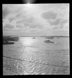 View of Sutherland flying boats on the water at Mechanics Bay Base at sunset, Auckland City