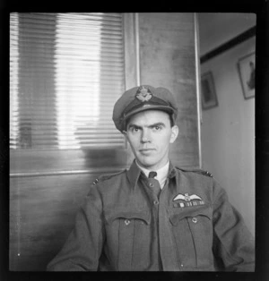 Portrait of Flight Lieutenant Anthony St Aubyn Murray in uniform, ex 4th Squadron Adjutant RNZAF, Whites Aviation Office, Auckland