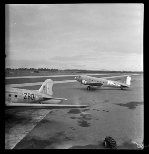 View of RNZAF Dakota passenger planes at Whenuapai Airfield, Auckland
