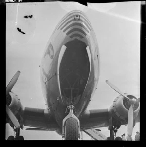 Nose view of a Pan American Airways Clipper Class Cathay DC4 Good Will Flight passenger plane, Whenuapai Airfield, Auckland