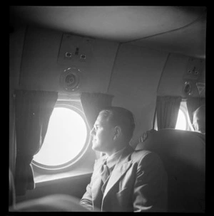View of R Dormer on a Pan American Airways Clipper Class Cathay DC4 Good Will Flight, Whenuapai Airfield, Auckland