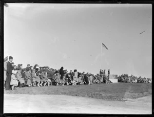 Interior Air Force passing-out parade, showing crowd and podium, RNZAF Station, Hobsonville, Auckland