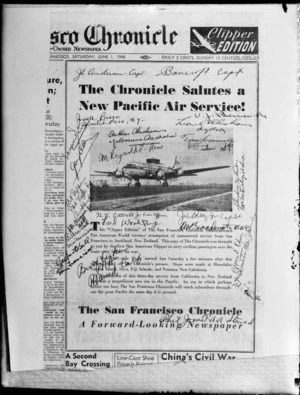 An article from The San Francisco Chronicle newspaper, about Pan American World Airways Clipper service from San Francisco to Auckland, with autographs of crew