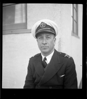 Portrait of Radio Officer D Reid, Tasman Empire Airways Ltd, Mechanics Bay, Auckland