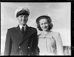 Portrait of First Officer J R McQuane and Mrs McQuane at Mechanics Bay, Auckland