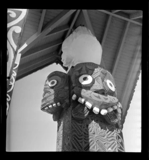 Close-up view of Maori carvings on the Queen Victoria Memorial, Ohinemutu, Rotorua, Bay of Plenty