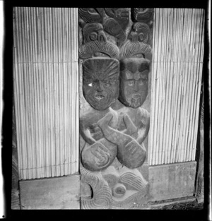 View of Maori wall panel carvings, Rotorua, Bay of Plenty