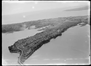 View of Bayswater residential housing area with Bayswater Avenue in foreground, looking to Belmont and Hauraki, Auckland City