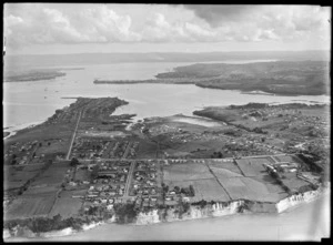 View of Belmont and Bayswater residential housing area with Lake Road and Bayswater Avenue, looking to Northcote Point, Devonport, Auckland City
