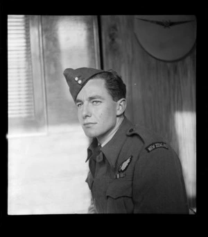 Portrait of Flight Sergeant J K Marsden RNZAF of Whenuapai Airfield in uniform, Whites Aviation Office, Auckland City