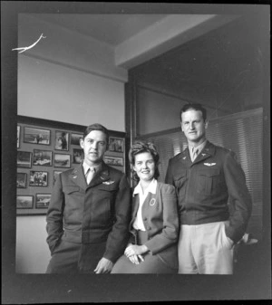 Portrait of the USAAF Mitchell record breaking flight crew (L to R) Lt James Lowe, Pamela Haddock and Lt W E Studebaker, Whites Aviation Office, Auckland City