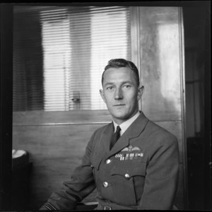Portrait of Flight Lieutenant G S Halley of RNZAF 4Ith Squadron in uniform, Whites Aviation Office, Auckland City