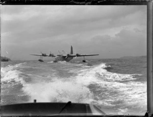 TEAL Short Tasman Flying Boat ZK-AMD 'Australia' taxiing on Auckland Harbour, Mechanic's Bay, Auckland City