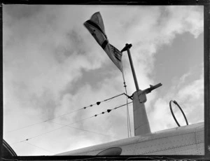 View of the TEAL home flag flying on top of the TEAL Short Empire Flying Boat 'Awarua', Mechanic's Bay, Auckland Harbour