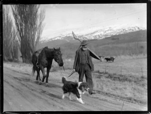Unidentified gold prospector with horse and dog, Otago