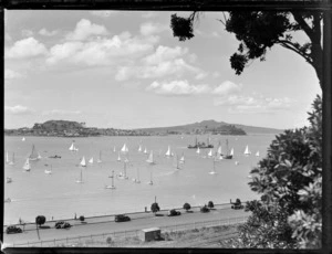 Yachts in Auckland harbour, including Rangitoto Island and North Head