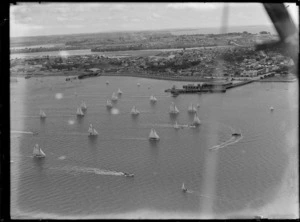 View of a yacht race on Auckland Harbour with Devonport and Ferry Terminal beyond