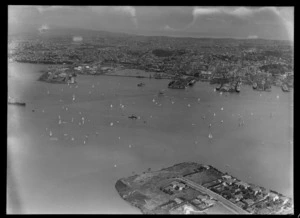 View of a yacht race on Auckland Harbour with Auckland City and waterfront beyond