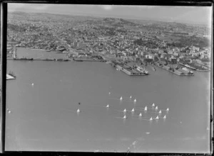 View of a yacht race on Auckland Harbour with Auckland City and waterfront beyond