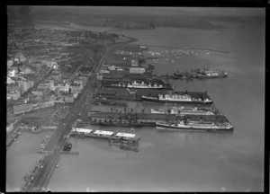 View of the Ports of Auckland main wharves with docked ships to Mechanic's Bay Marina and Hobson Bay beyond, Auckland Harbour