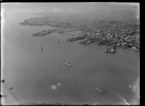 Auckland Harbour and wharves, showing unidentified ships on the harbour