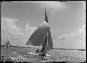 Yachting on Auckland Harbour, showing yacht A19 in full racing mode