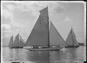 Yachting on Auckland Harbour, showing three yachts, A3, A18 and A1 anchored on the harbour