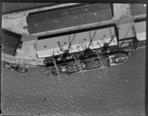 An overall view of the sailing ship, Passat, docked at [Auckland?] wharf