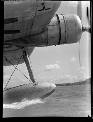 View under front wing of a TEAL Short Tasman Flying Boat ZK-AMD Clipper 'Australia'