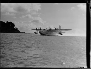 TEAL Short Tasman flying boat ZK-AMD Clipper 'Australia' about to take off, Auckland