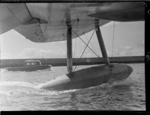 View of the launch at Breakwater, Mechanics Bay, Auckland from the TEAL Short Tasman flying boat ZK-AMD Clipper 'Australia'