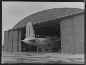 Tail view of a Short Tasman ZK-AMB aircraft, in a hangar, Hobsonville, Auckland