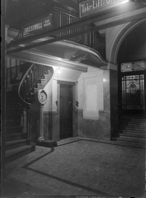 View of the Pan American Airways building foyer entrance, Queen Street, Auckland City