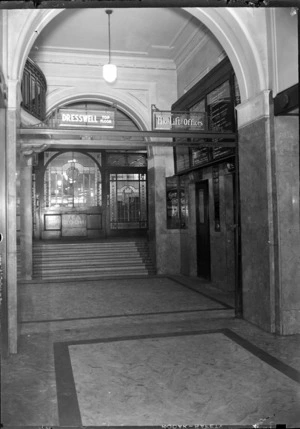 View of the Pan American Airways building main foyer entrance from outside, Queen Street, Auckland City