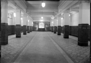 View of the Pan American Airways building main foyer entrance from inside, Queen Street, Auckland City