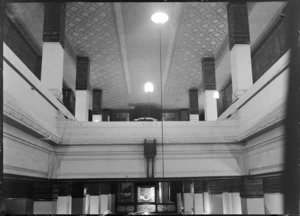 View of the Pan American Airways building foyer and entrance from inside with upper floor, Queen Street, Auckland City