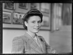 Portrait of Mrs Joyce Halstead of Pan American Airways at Whites Aviation Office, Auckland City