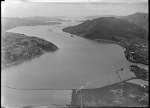 View of Dunedin Harbour and Dunedin City with wharves and the suburbs of Waverley and Ravensbourne, Otago
