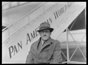 Mr Laine Stanley, Cadbury Fry Hudson, sitting in front of Pan American World Airways Aircraft