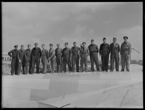 Group portrait of Royal New Zealand Air Force Servicing Staff, at Mechanics Bay, Auckland