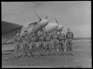 Group portrait of RNZAF officers, left to right; Flight Lieutenants IO Breckon and JM Stephenson, Squadron Leaders JD Robins and RM Mackay, Flight Lieutenants S Martin, M Kidson and A George, and Flight Sergeant R Greig