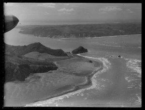 View of the Manukau Heads and the entrance to Manukau Harbour with sand bar, Auckland City