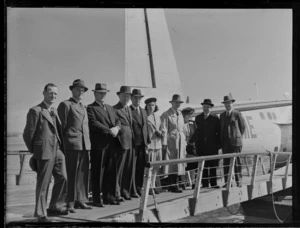 Group portrait, left to right; Mr RA Chappell [USS Company?], Mr BD Holderness of Auckland Harbour Board, Mr AR Thompson [USS Company?], Mr WS McBGibbon of Lytellton Harbour Board, Mr [and Mrs?] B McKenzie, Sir and Lady Duff, Mr JAC Allum, Mayor of Auckland, Mr JB Donald