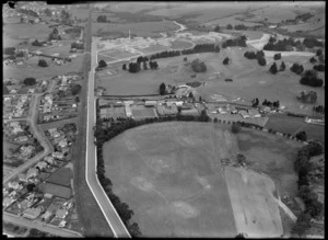 View to Kings College with Hospital Road and railway, with Auckland Golf Course Links and Middlemore Hospital beyond, Mangere East, Auckland City