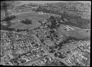 View to Auckland Public (City) Hospital and Grafton Road, with Auckland Domain and War Memorial Museum beyond, Auckland City