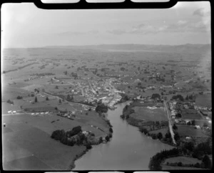 View to the town of Waiuku on a southern arm of the Manukau Harbour surrounded by farmland, Franklin District, West Auckland
