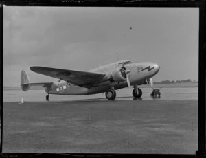 View of RNZAF NZ-3510 Lockheed Lodestar twin engine passenger plane on the runway, Whenuapai Airfield, Auckland
