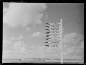 The sign post at the TEA Mechanics Bay base with destinations and distances, Auckland City