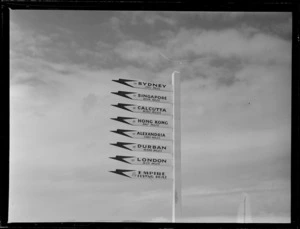 The sign post at the TEA Mechanics Bay base with destinations and distances, Auckland City